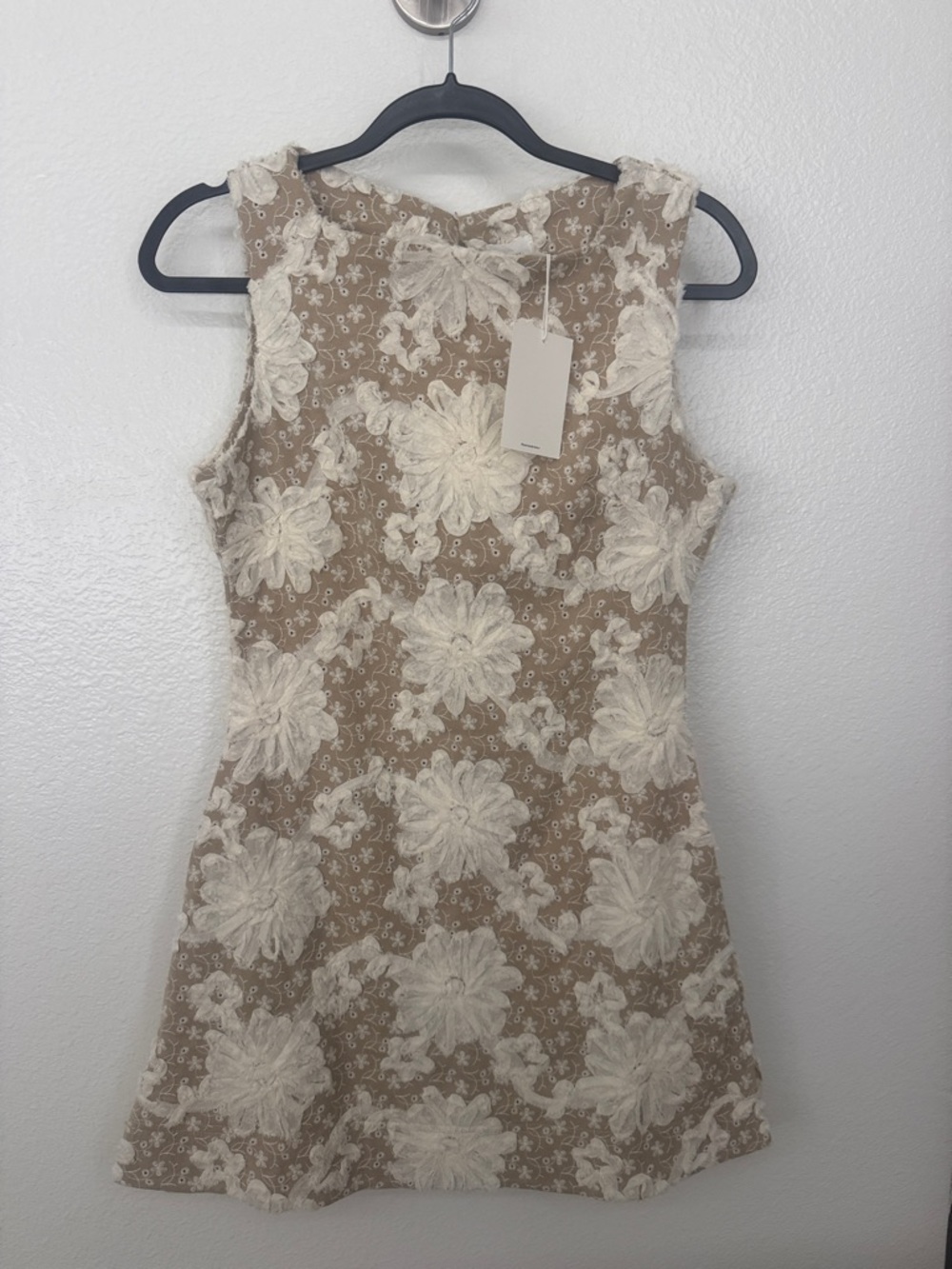 Sleeveless Lace Overlay Beige Dress with Cream Floral Appliqué